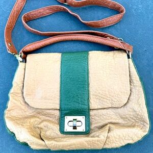 Steve Madden Faux Leather Vintage Bag Purse Handbag Crossbody Textured Tan/Green